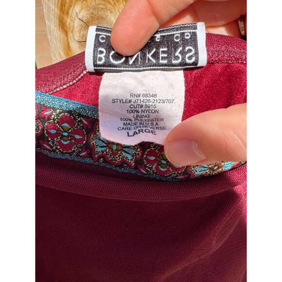 Bonkers Vtg Maroon Red Spaghetti Strap Dress Shimmery Floral Aztec Mesh Frilly L - Picture 3 of 4